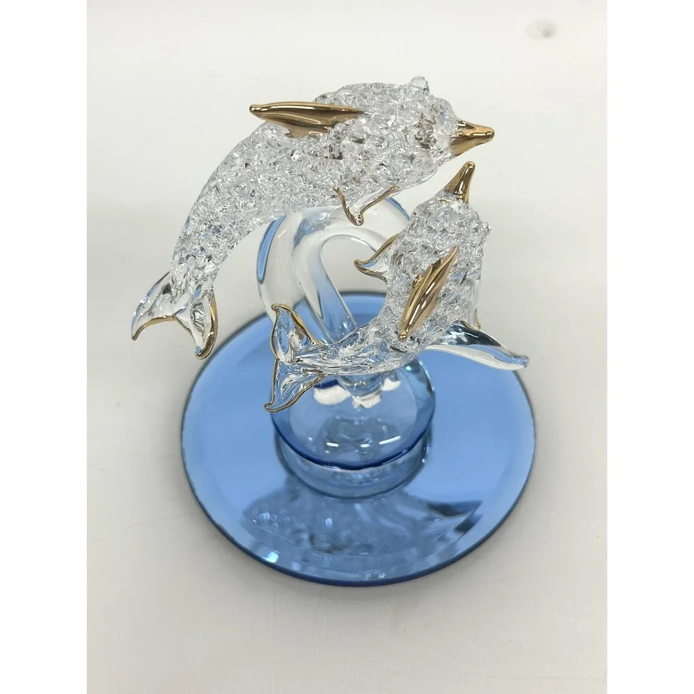 Spun Glass Dolphin Porpoise Figurine Ornament Mirror Base 24K Gold